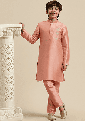 Peach Embroidery Silk Kurta Set