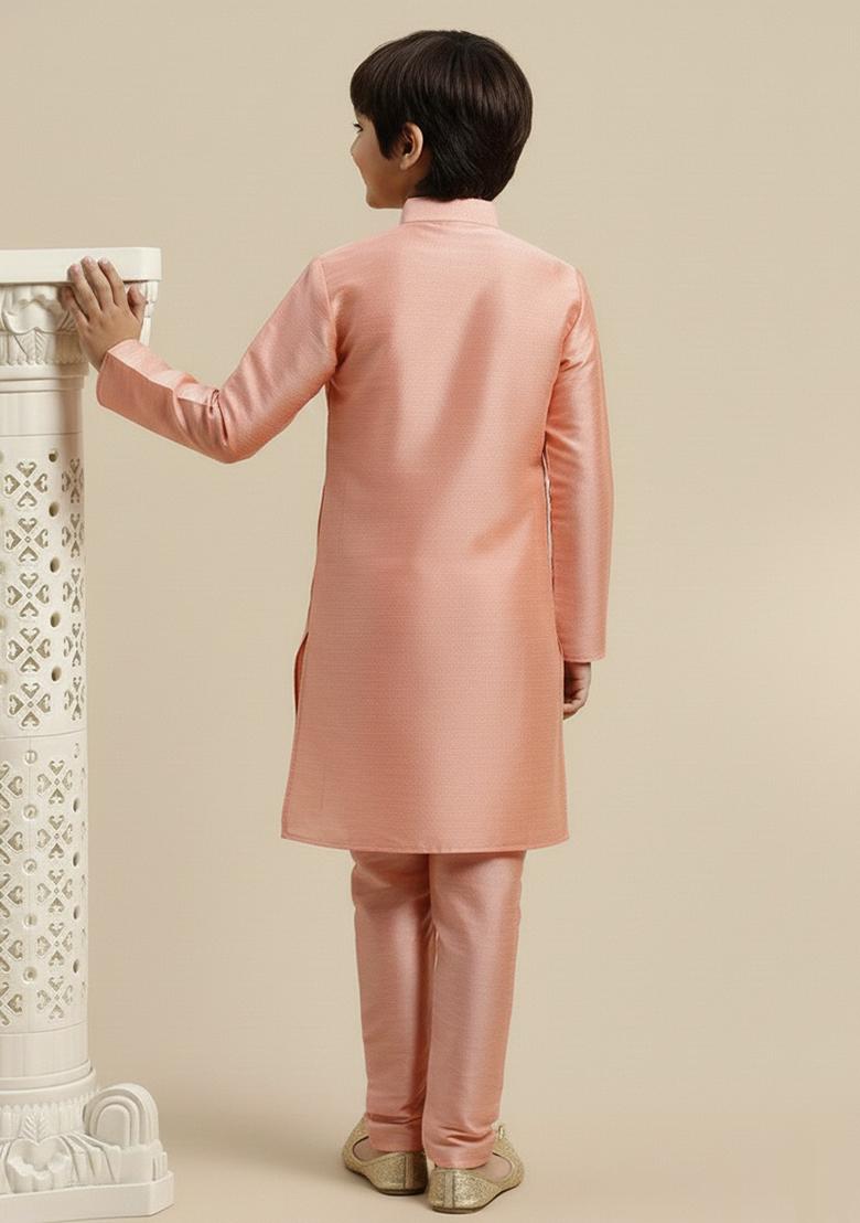 Peach Embroidery Silk Kurta Set - Indya