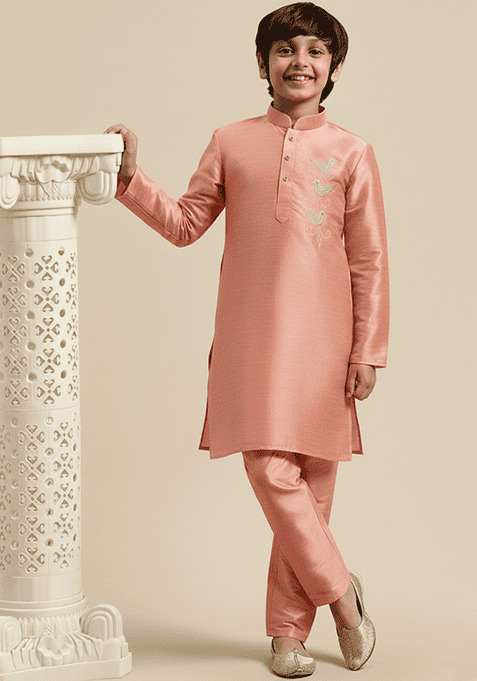 Peach Embroidery Silk Kurta Set
