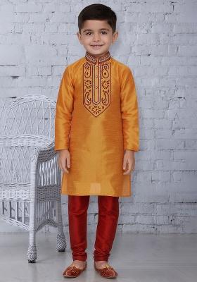 Orange Embroidery Silk Kurta With Bottom For Boys