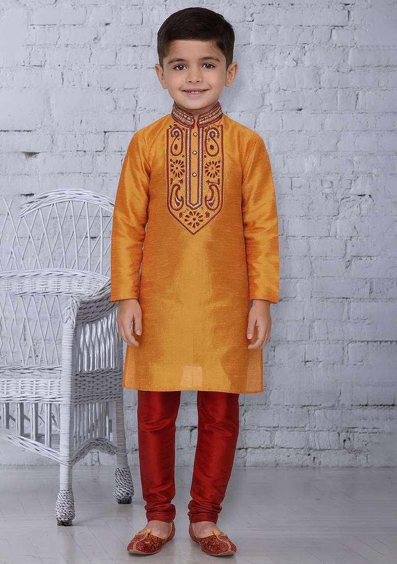 Orange Embroidery Silk Kurta With Bottom For Boys - Indya