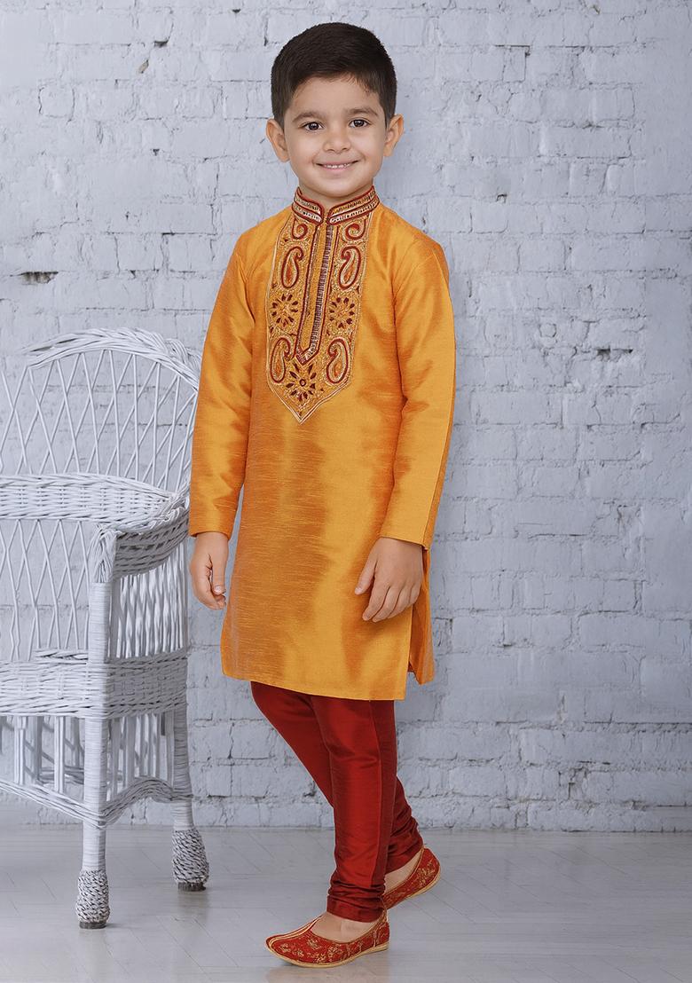 Orange Embroidery Silk Kurta With Bottom For Boys - Indya