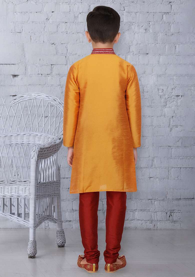Orange Embroidery Silk Kurta With Bottom For Boys - Indya