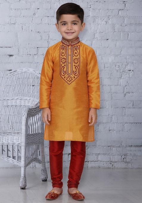 Orange Embroidery Silk Kurta With Bottom For Boys