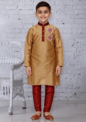 Fawn Embroidery Silk Kurta With Bottom For Boys