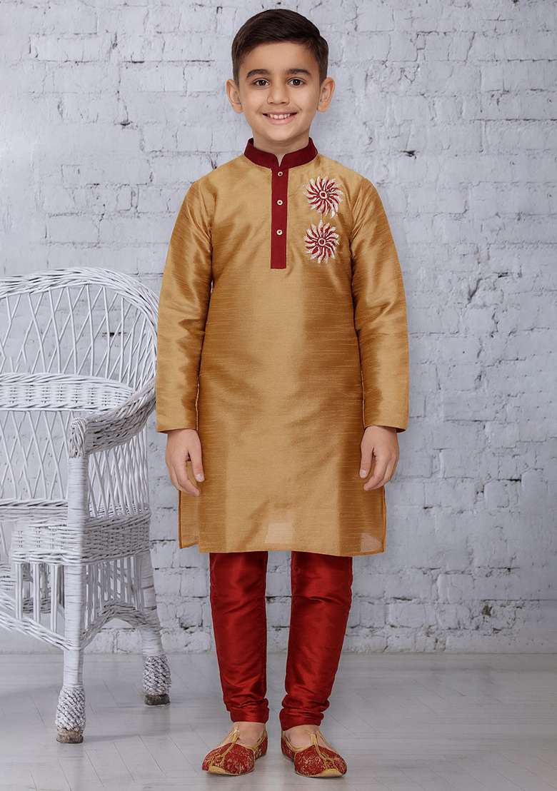 Fawn Embroidery Silk Kurta With Bottom For Boys - Indya