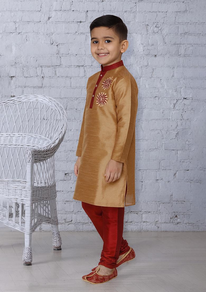 Fawn Embroidery Silk Kurta With Bottom For Boys - Indya