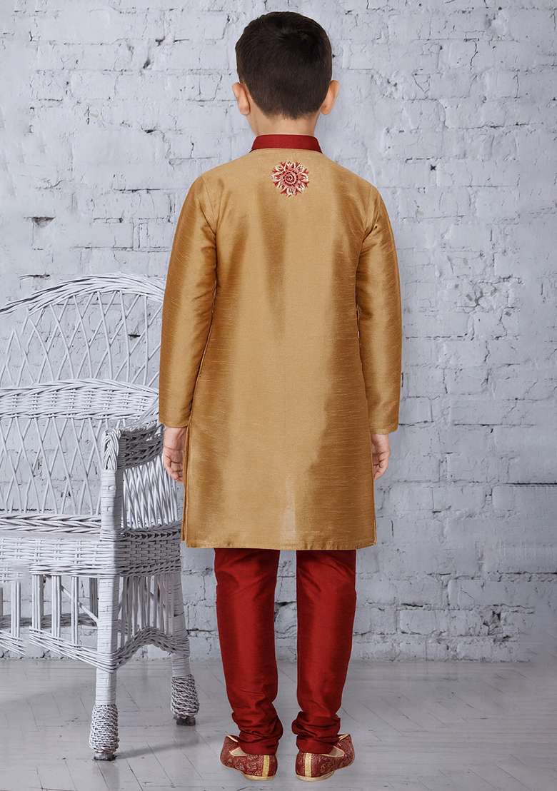 Fawn Embroidery Silk Kurta With Bottom For Boys - Indya