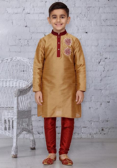 Fawn Embroidery Silk Kurta With Bottom For Boys