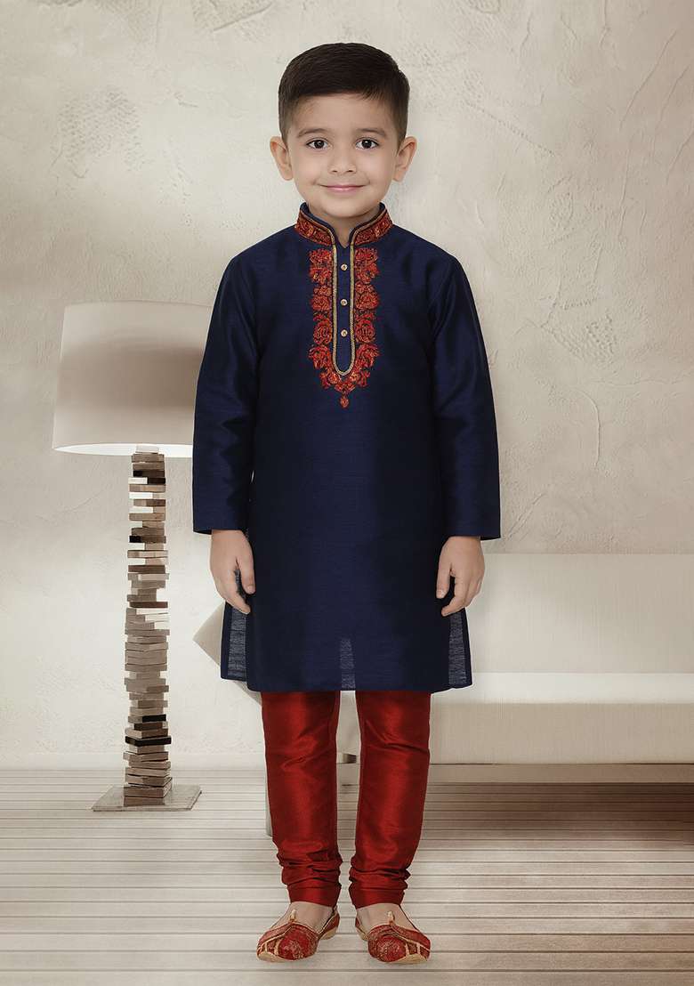 Navy Blue Embroidery Silk Kurta With Bottom For Boys - Indya