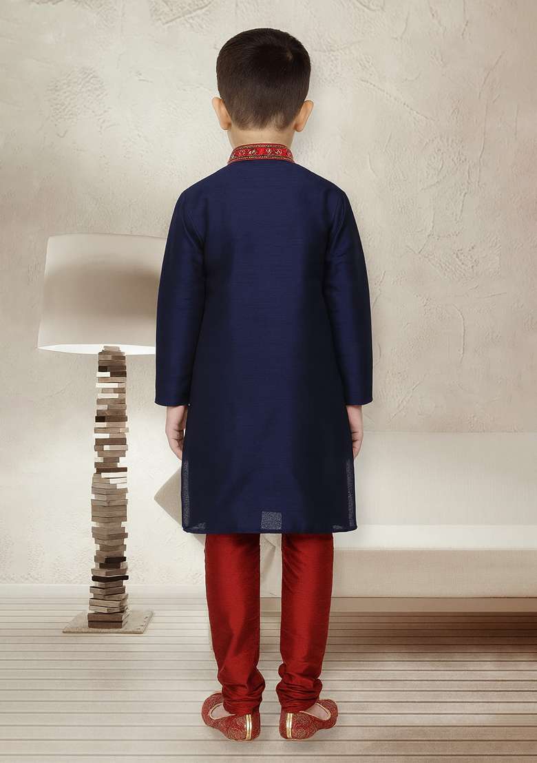 Navy Blue Embroidery Silk Kurta With Bottom For Boys - Indya