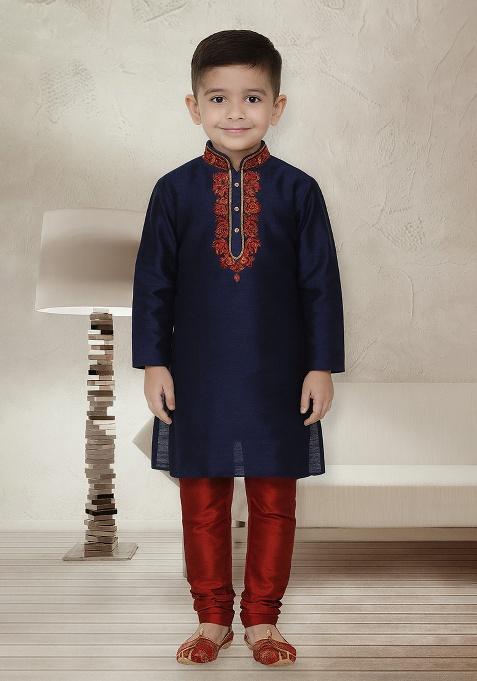 Navy Blue Embroidery Silk Kurta With Bottom For Boys