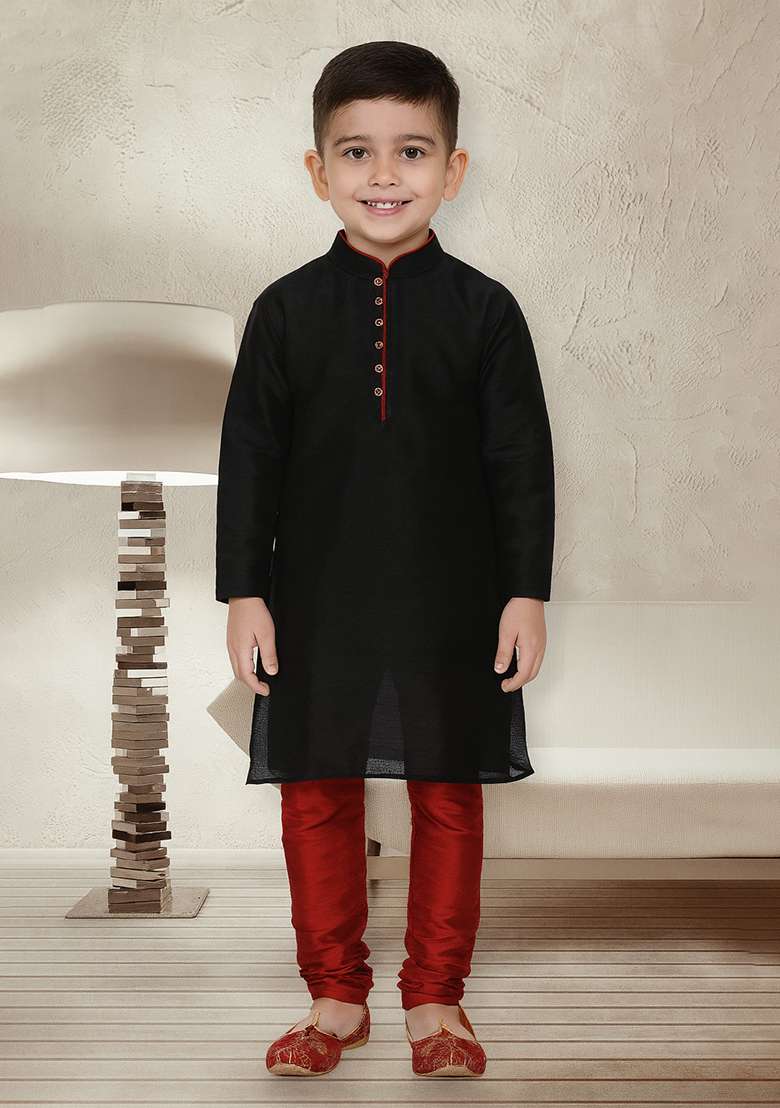 Black Button Work Silk Kurta With Bottom For Boys - Indya