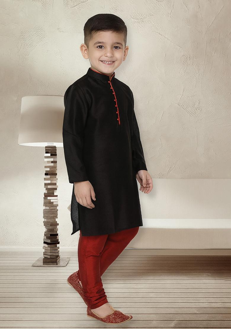 Black Button Work Silk Kurta With Bottom For Boys - Indya