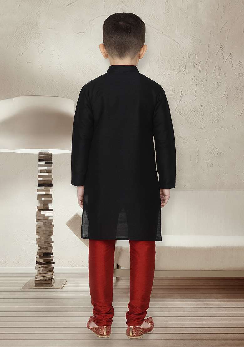 Black Button Work Silk Kurta With Bottom For Boys - Indya