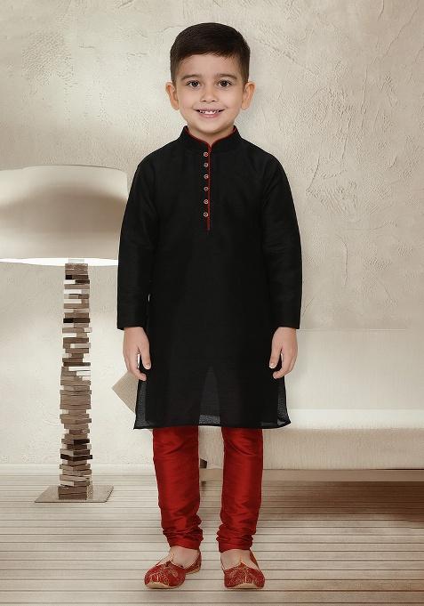 Black Button Work Silk Kurta With Bottom For Boys