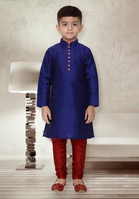Royal Blue Button Work Silk Kurta With Bottom For Boys