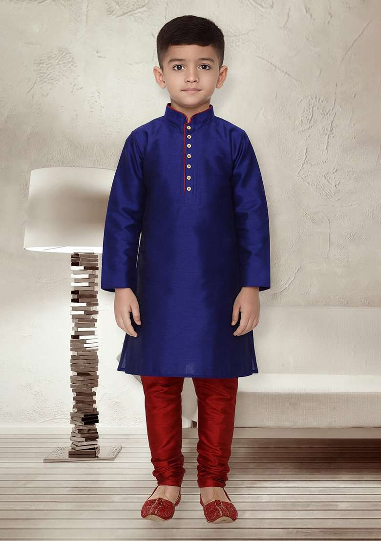 Royal Blue Button Work Silk Kurta With Bottom For Boys - Indya
