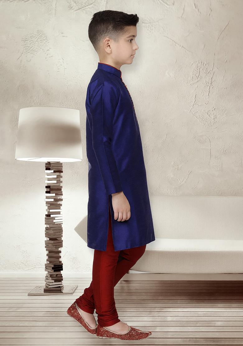 Royal Blue Button Work Silk Kurta With Bottom For Boys - Indya