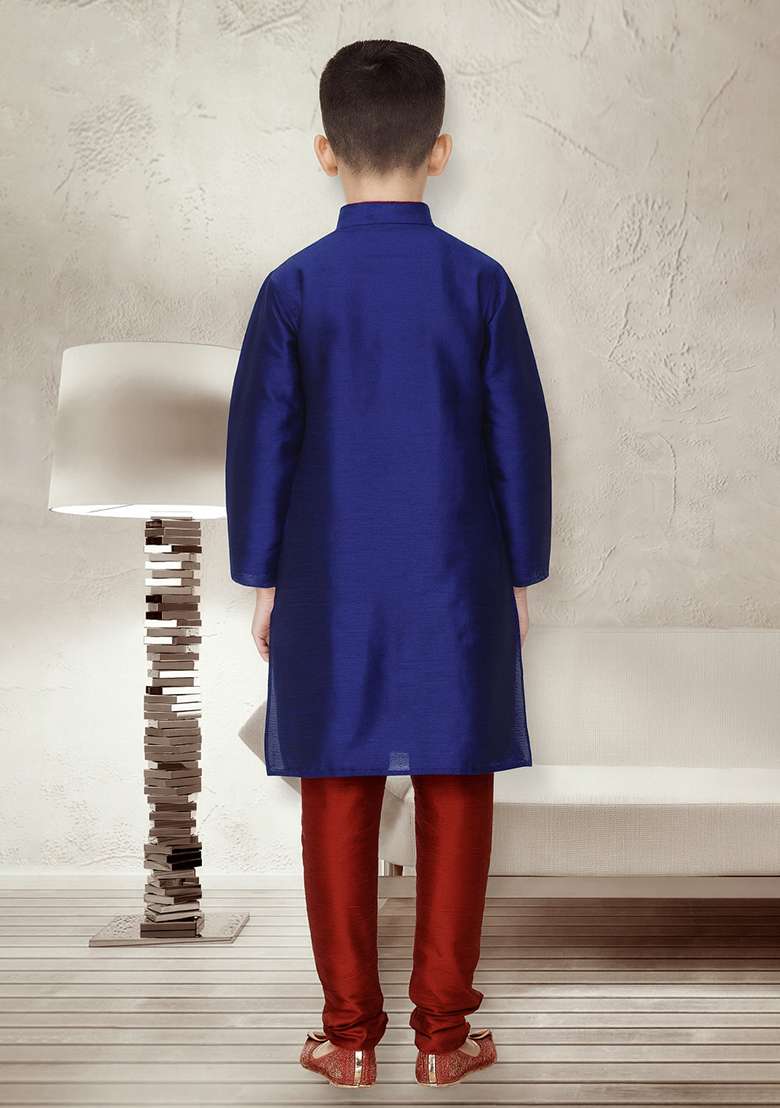 Royal Blue Button Work Silk Kurta With Bottom For Boys - Indya