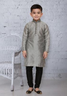 Grey Button Work Silk Kurta With Bottom For Boys
