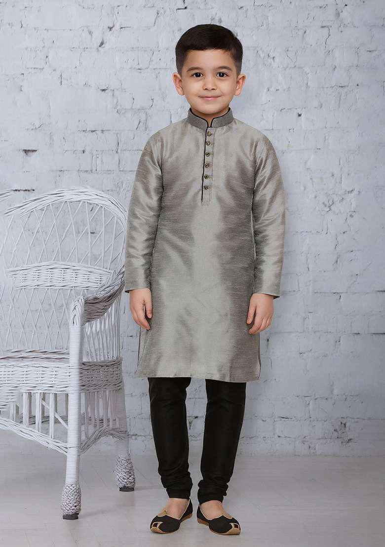Grey Button Work Silk Kurta With Bottom For Boys - Indya