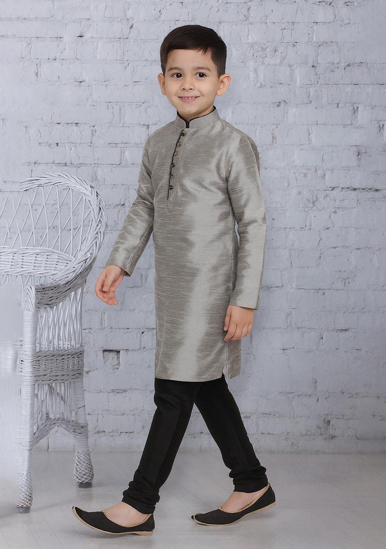 Grey Button Work Silk Kurta With Bottom For Boys - Indya