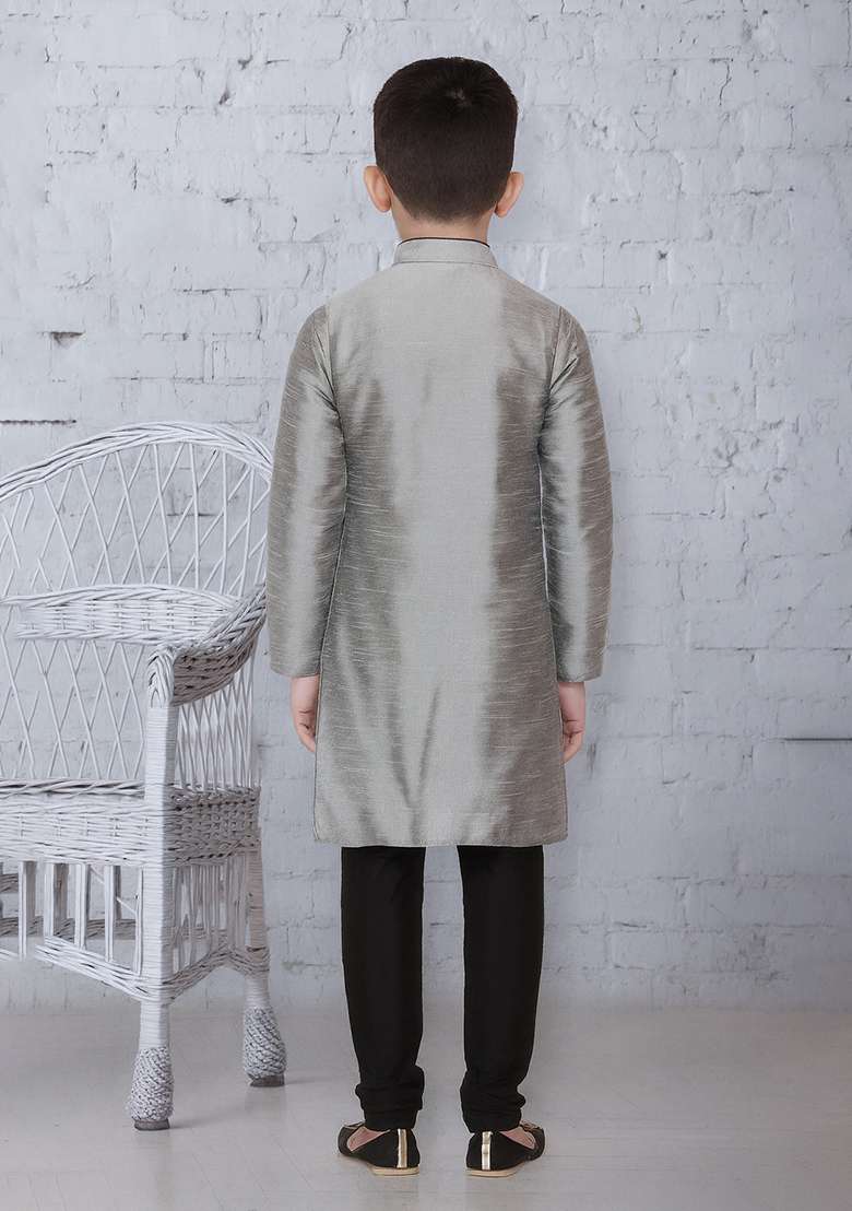 Grey Button Work Silk Kurta With Bottom For Boys - Indya