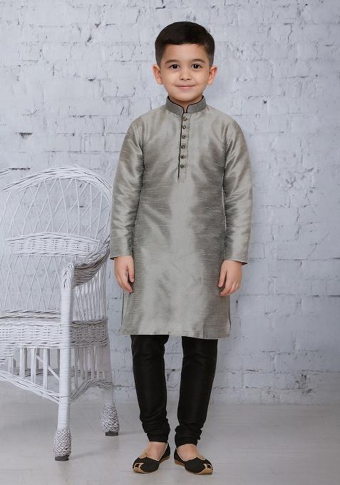 Grey Button Work Silk Kurta With Bottom For Boys