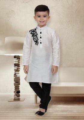 White Embroidery Silk Kurta With Bottom For Boys