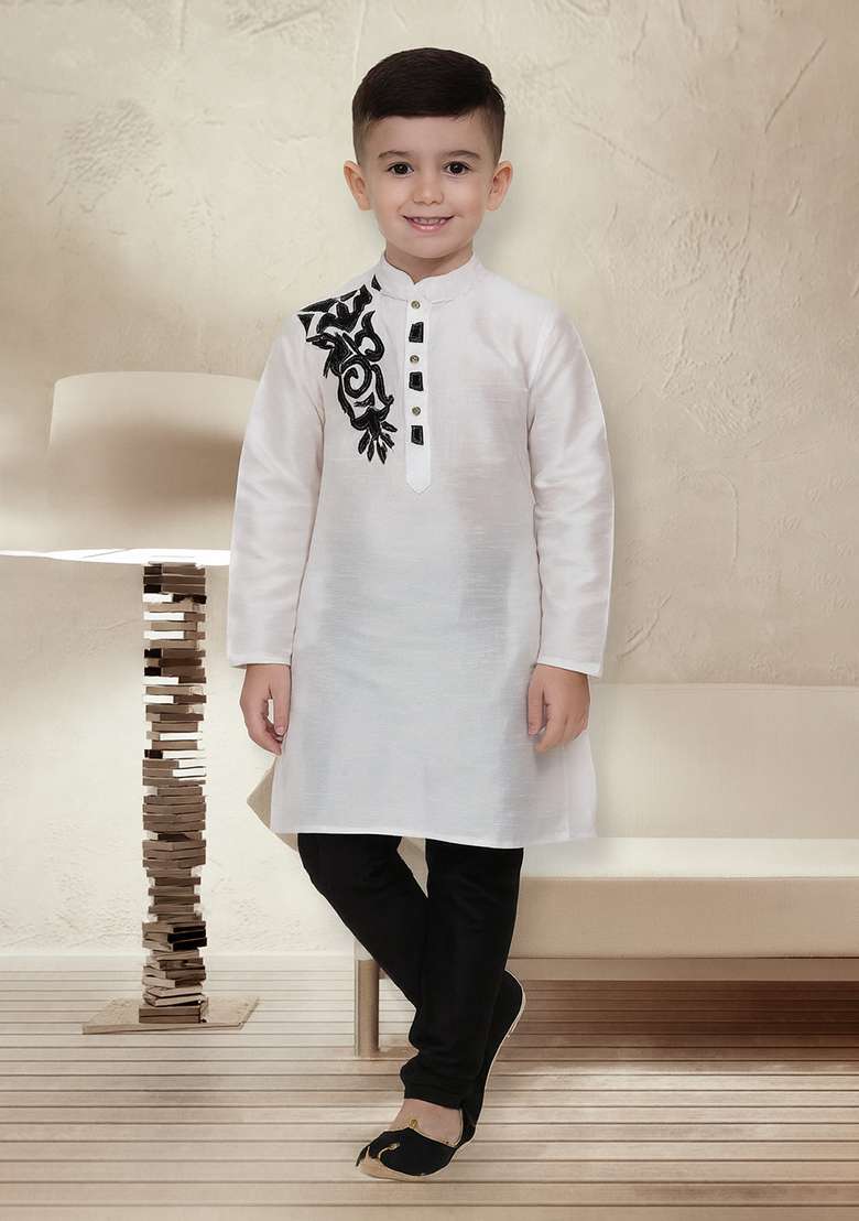White Embroidery Silk Kurta With Bottom For Boys - Indya
