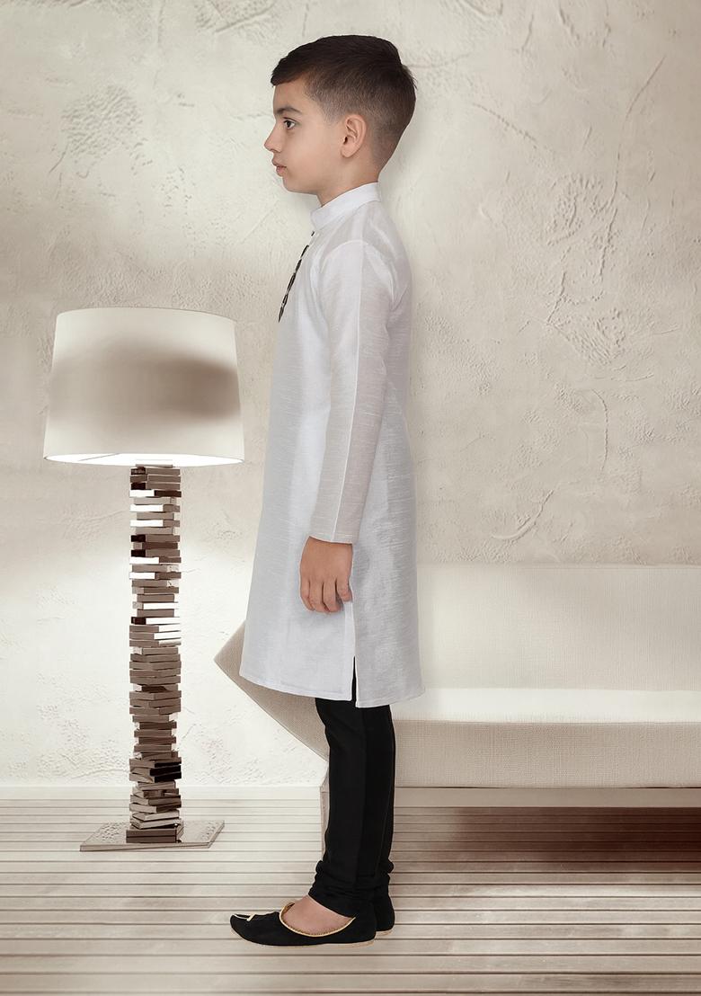 White Embroidery Silk Kurta With Bottom For Boys - Indya