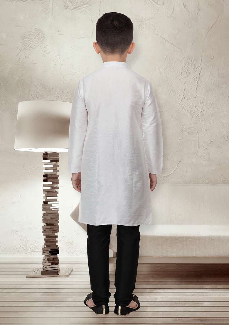 White Embroidery Silk Kurta With Bottom For Boys - Indya