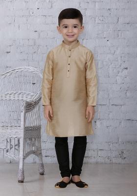 Fawn Button Work Silk Kurta With Bottom For Boys