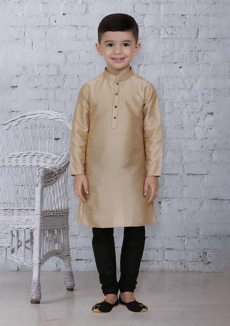 Fawn Button Work Silk Kurta With Bottom For Boys - Indya