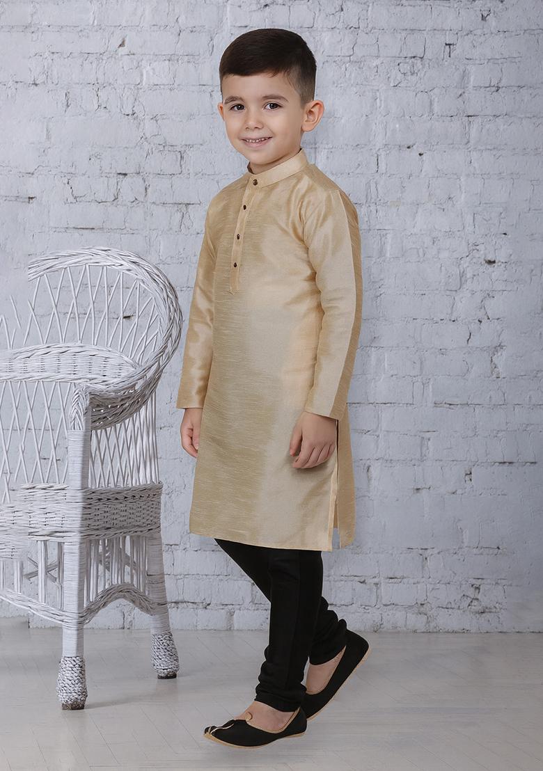 Fawn Button Work Silk Kurta With Bottom For Boys - Indya