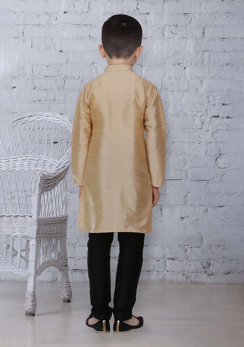 Fawn Button Work Silk Kurta With Bottom For Boys - Indya