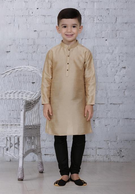 Fawn Button Work Silk Kurta With Bottom For Boys