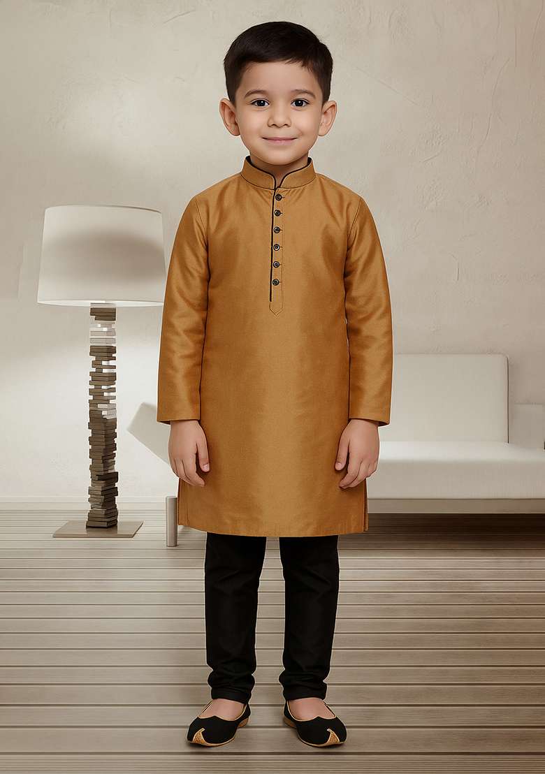 Golden Button Work Silk Kurta With Bottom For Boys - Indya
