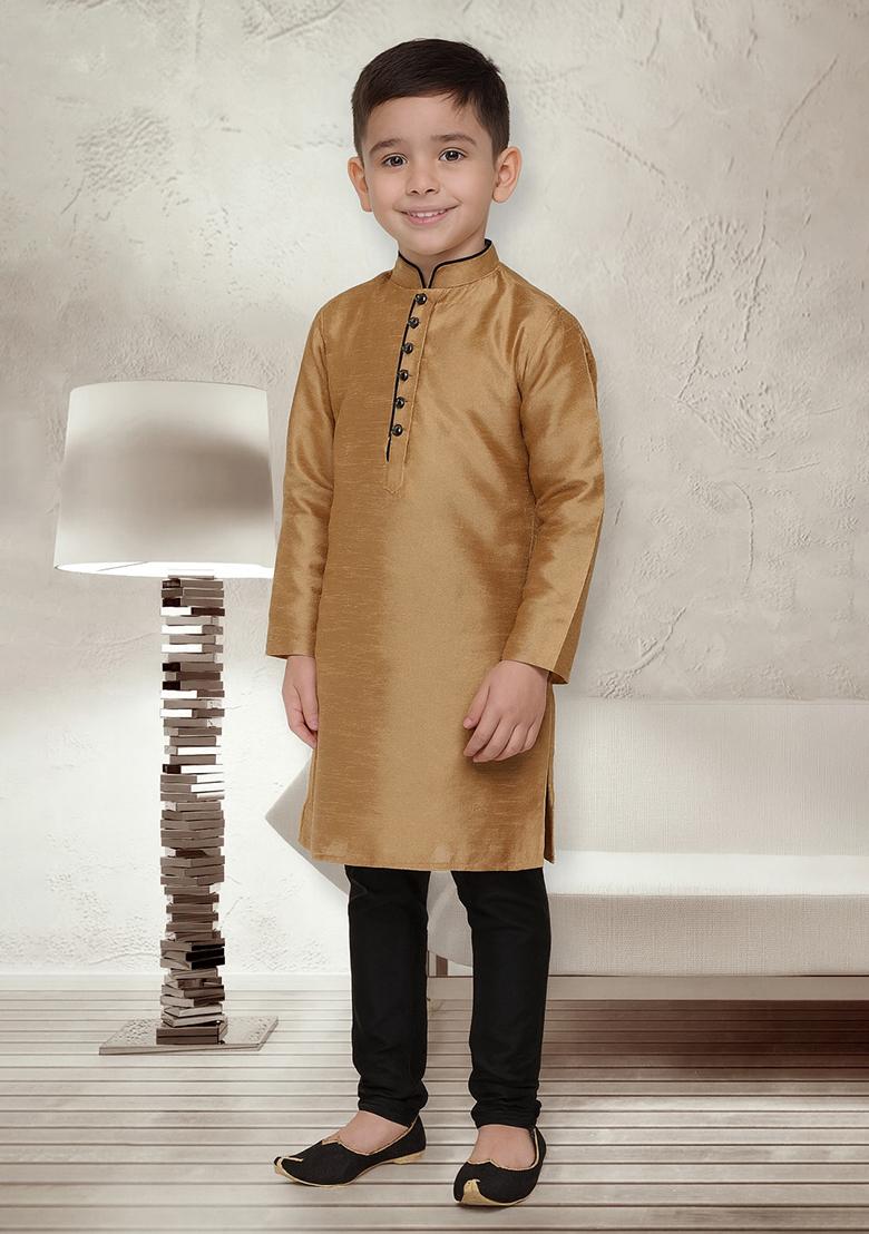 Golden Button Work Silk Kurta With Bottom For Boys - Indya