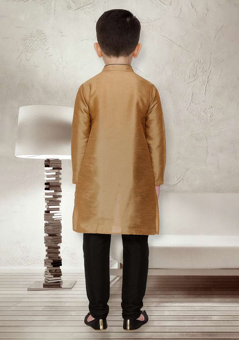 Golden Button Work Silk Kurta With Bottom For Boys - Indya