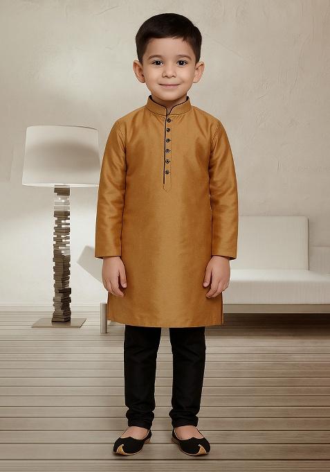 Golden Button Work Silk Kurta With Bottom For Boys