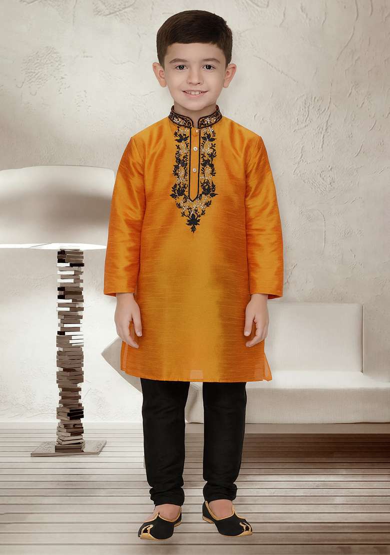 Orange Embroidery Silk Kurta With Bottom For Boys - Indya