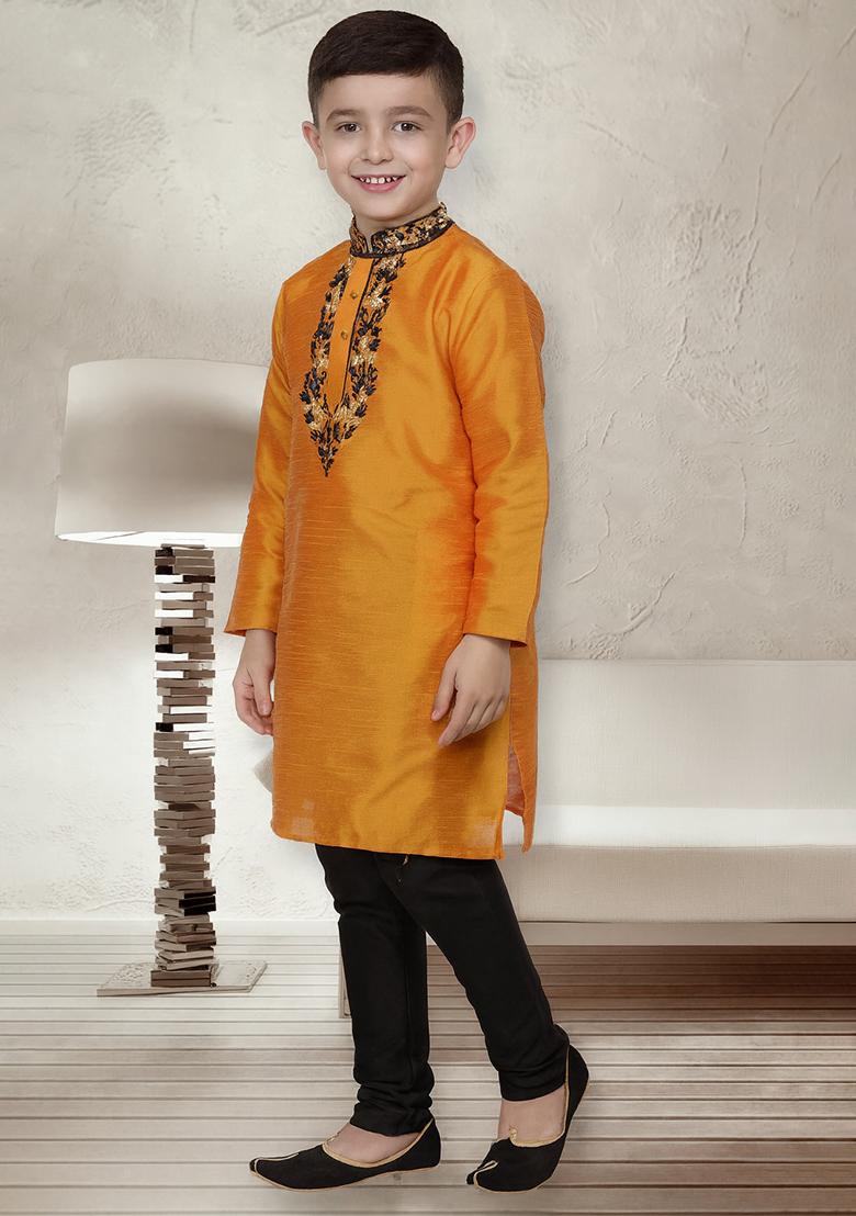Orange Embroidery Silk Kurta With Bottom For Boys - Indya