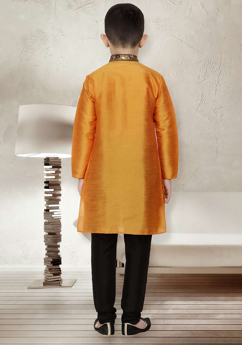Orange Embroidery Silk Kurta With Bottom For Boys - Indya