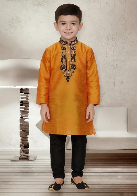 Orange Embroidery Silk Kurta With Bottom For Boys