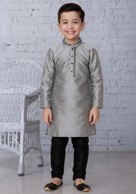 Grey Embroidery Silk Kurta With Bottom For Boys