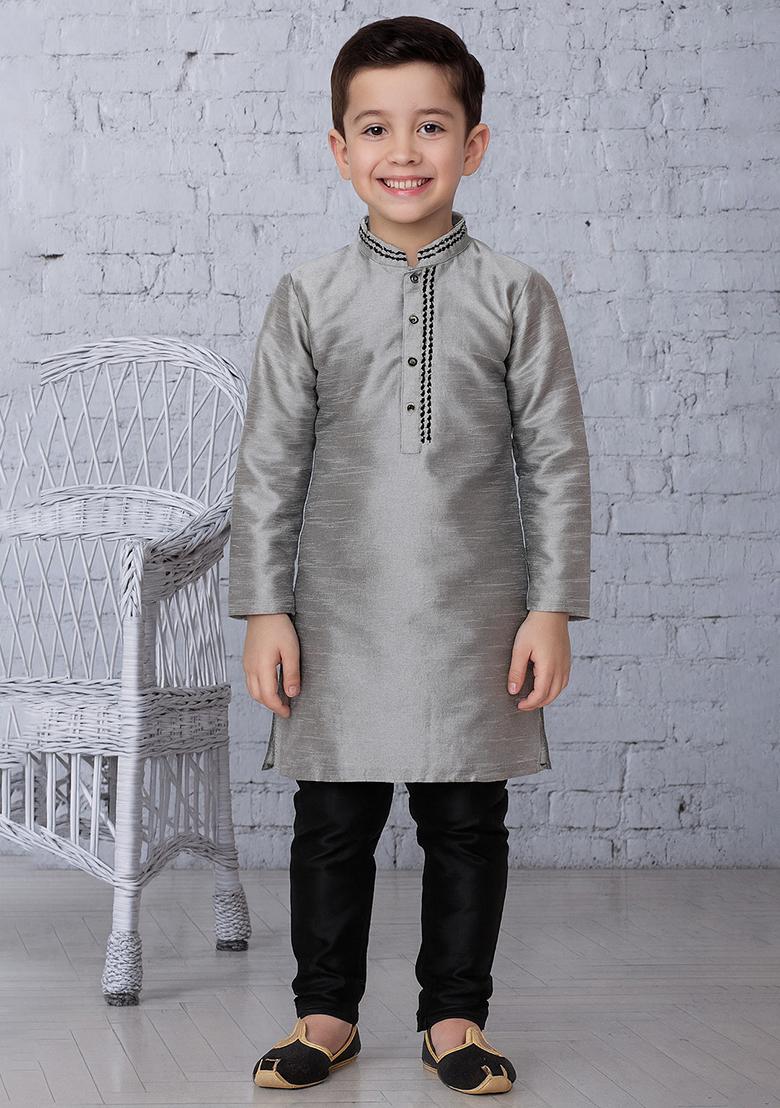 Grey Embroidery Silk Kurta With Bottom For Boys - Indya