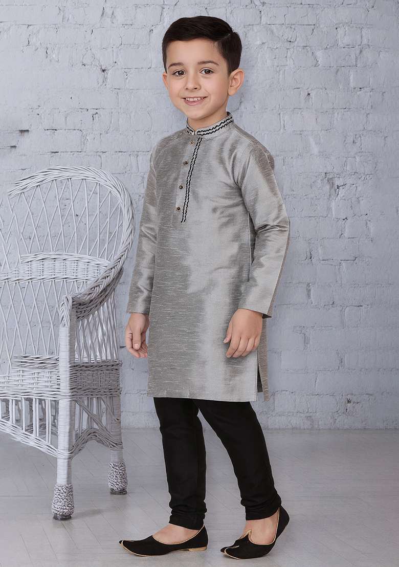 Grey Embroidery Silk Kurta With Bottom For Boys - Indya