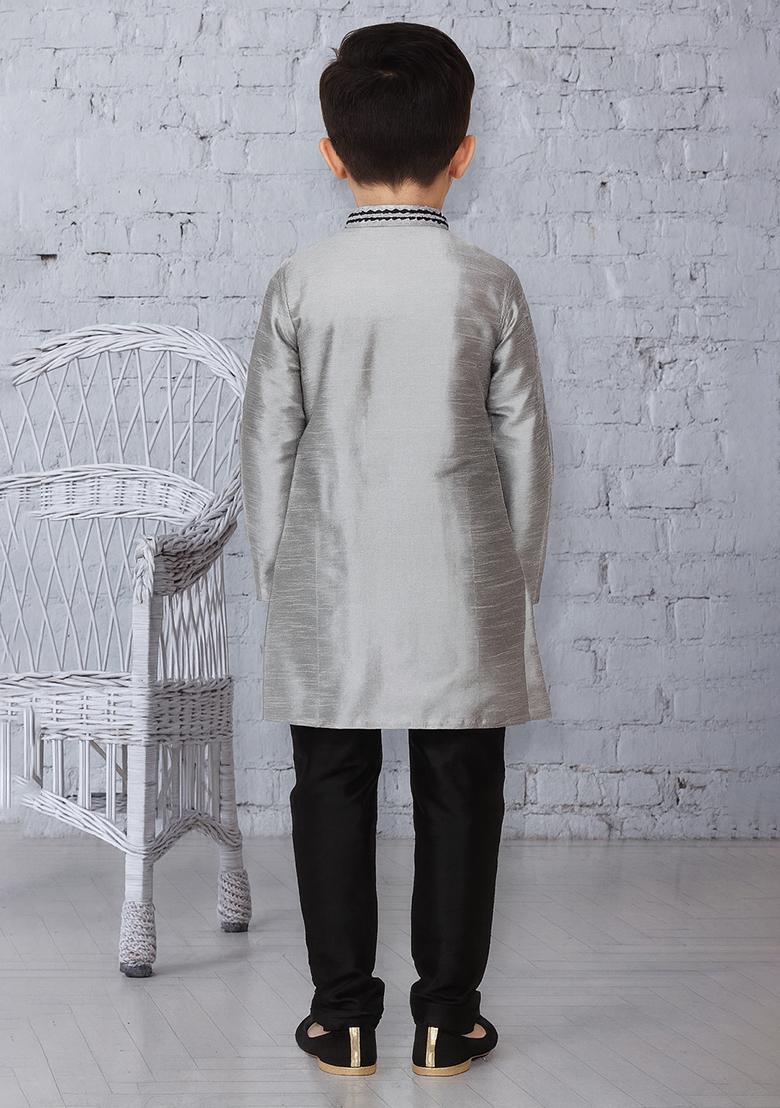 Grey Embroidery Silk Kurta With Bottom For Boys - Indya